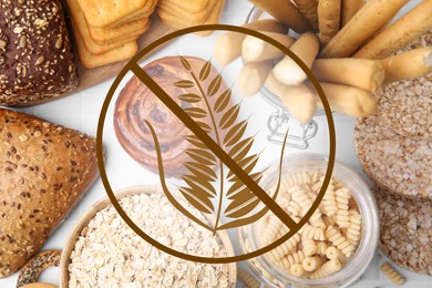 Image of Different gluten free products on white table, flat lay