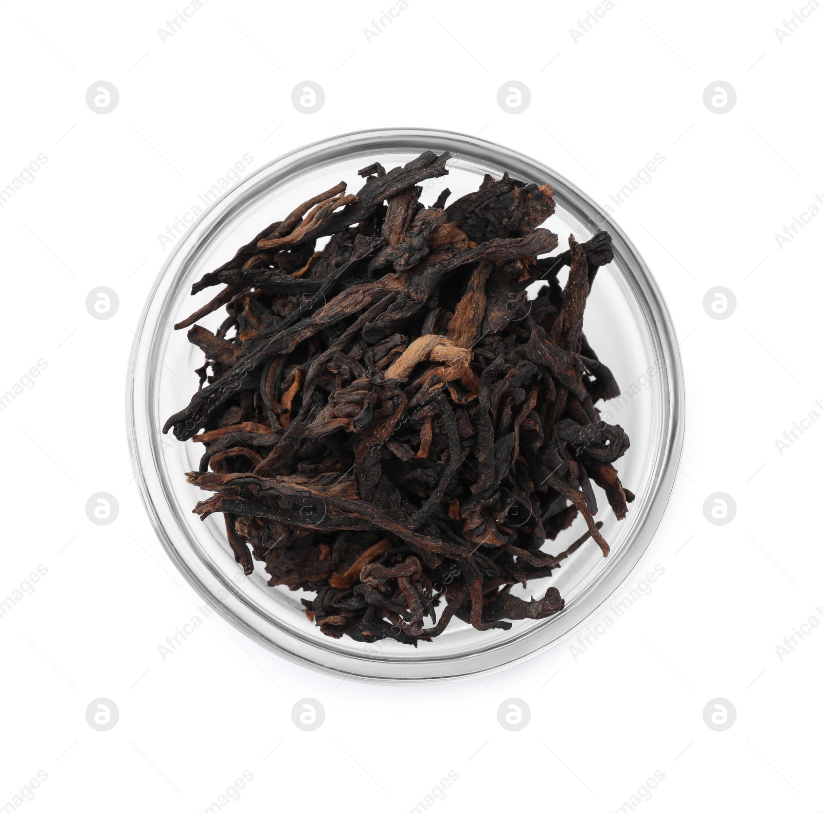 Photo of Bowl of traditional Chinese pu-erh tea leaves isolated on white, top view