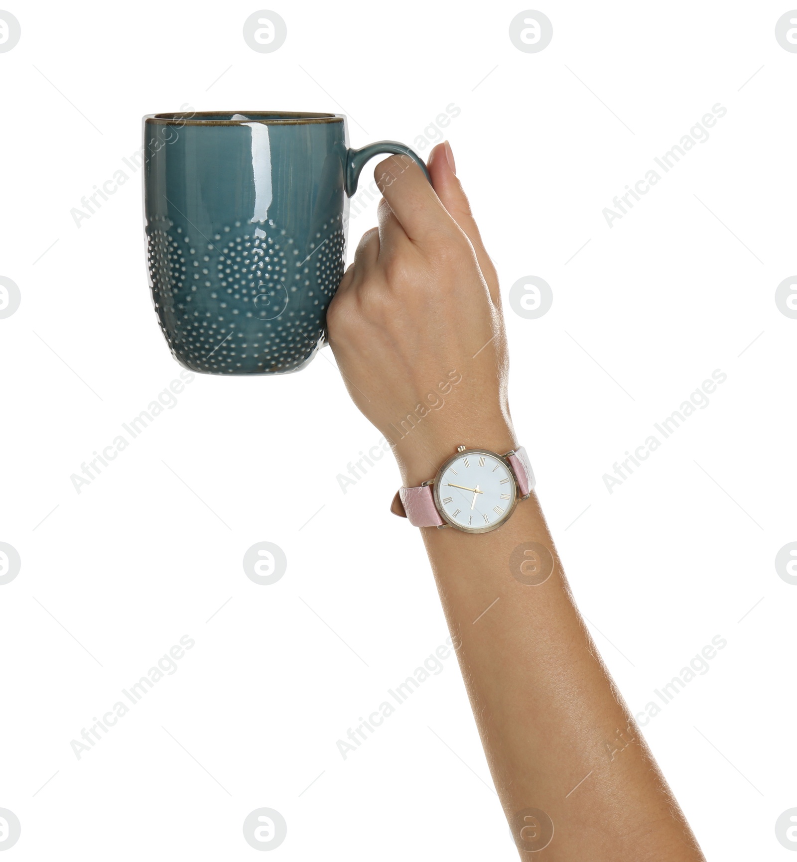 Photo of Woman holding elegant blue cup on white background, closeup