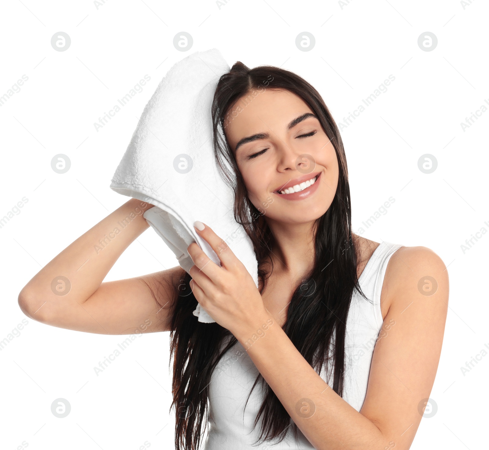 Photo of Young woman drying hair with towel on white background