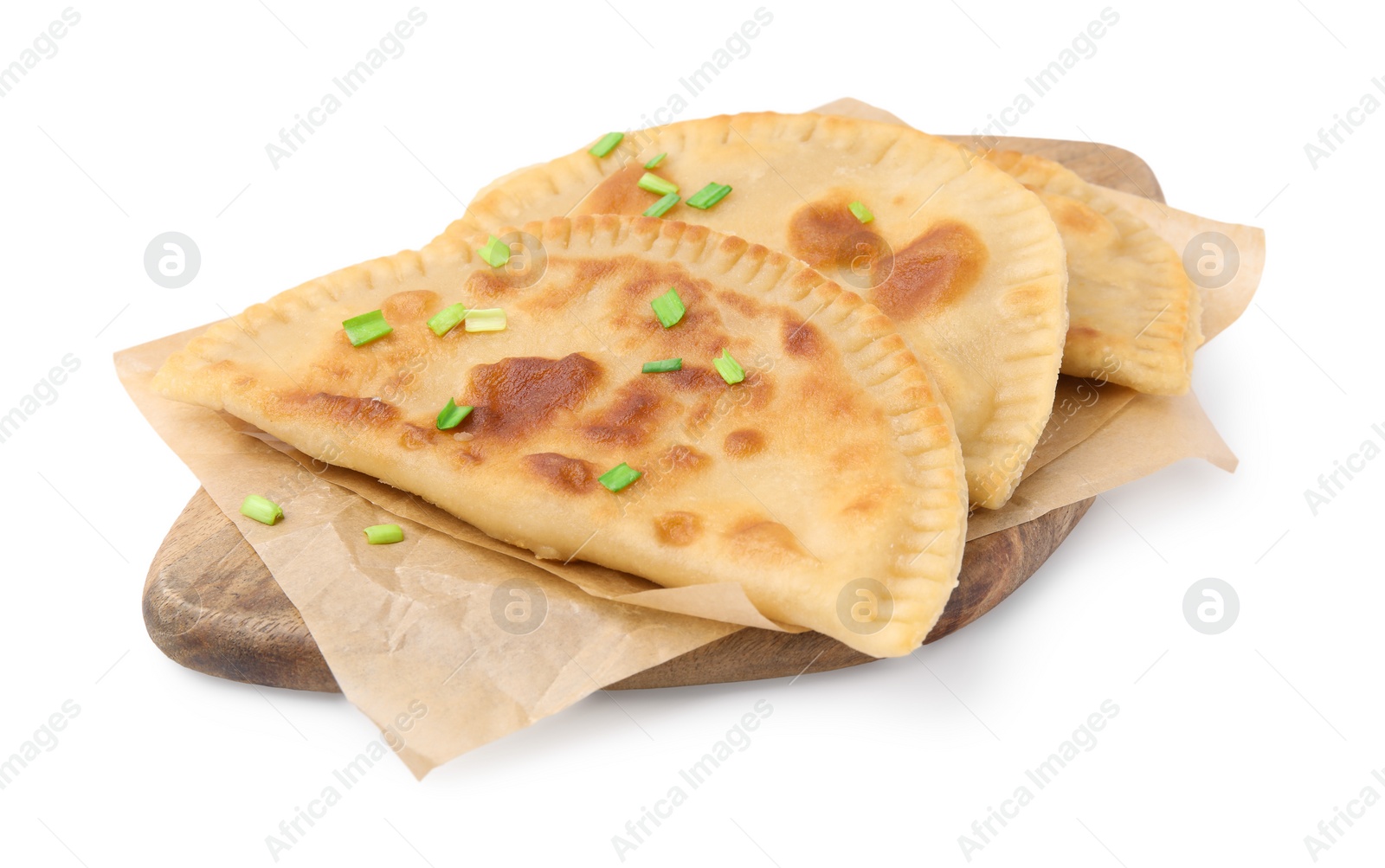 Photo of Delicious fried chebureki with cheese and onion isolated on white