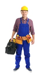 Electrician with tools wearing uniform on white background