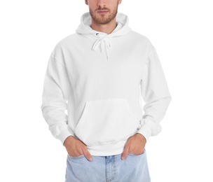 Photo of Man in hoodie sweater on white background. Space for design