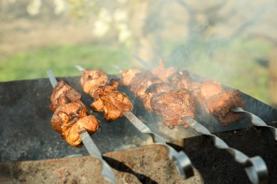 Cooking delicious meat on brazier outdoors, closeup