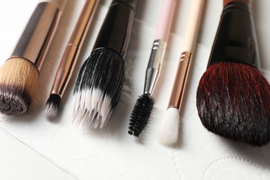 Photo of Set of different makeup brushes drying after cleaning on paper towel, closeup