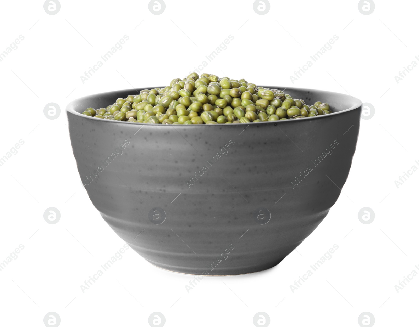 Photo of Bowl with green mung beans isolated on white. Organic grains