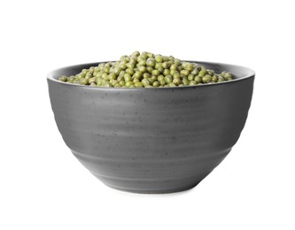 Photo of Bowl with green mung beans isolated on white. Organic grains