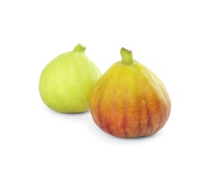 Photo of Whole tasty green figs on white background