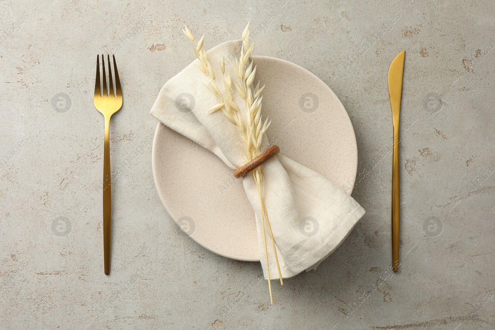 Photo of Stylish setting with cutlery, napkin, dry branch and plate on light table, top view