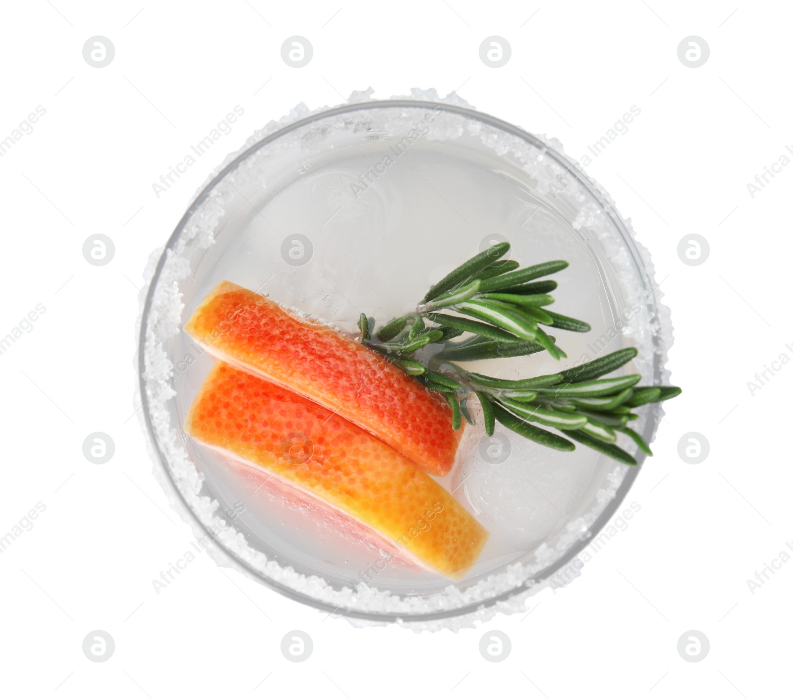 Photo of Glass of grapefruit cocktail with ice isolated on white, top view