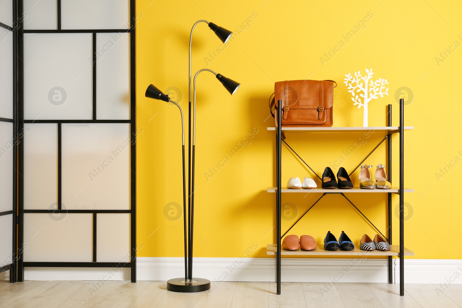 Photo of Different female shoes on shelf unit against color wall