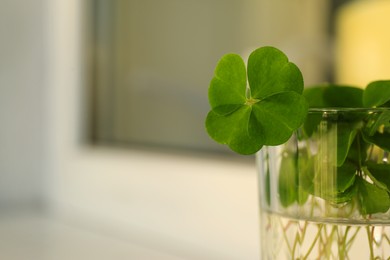 Photo of Glass with green clover leaf against blurred background, closeup. Space for text