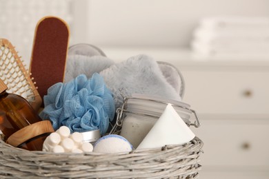 Photo of Spa gift set with different products indoors, closeup