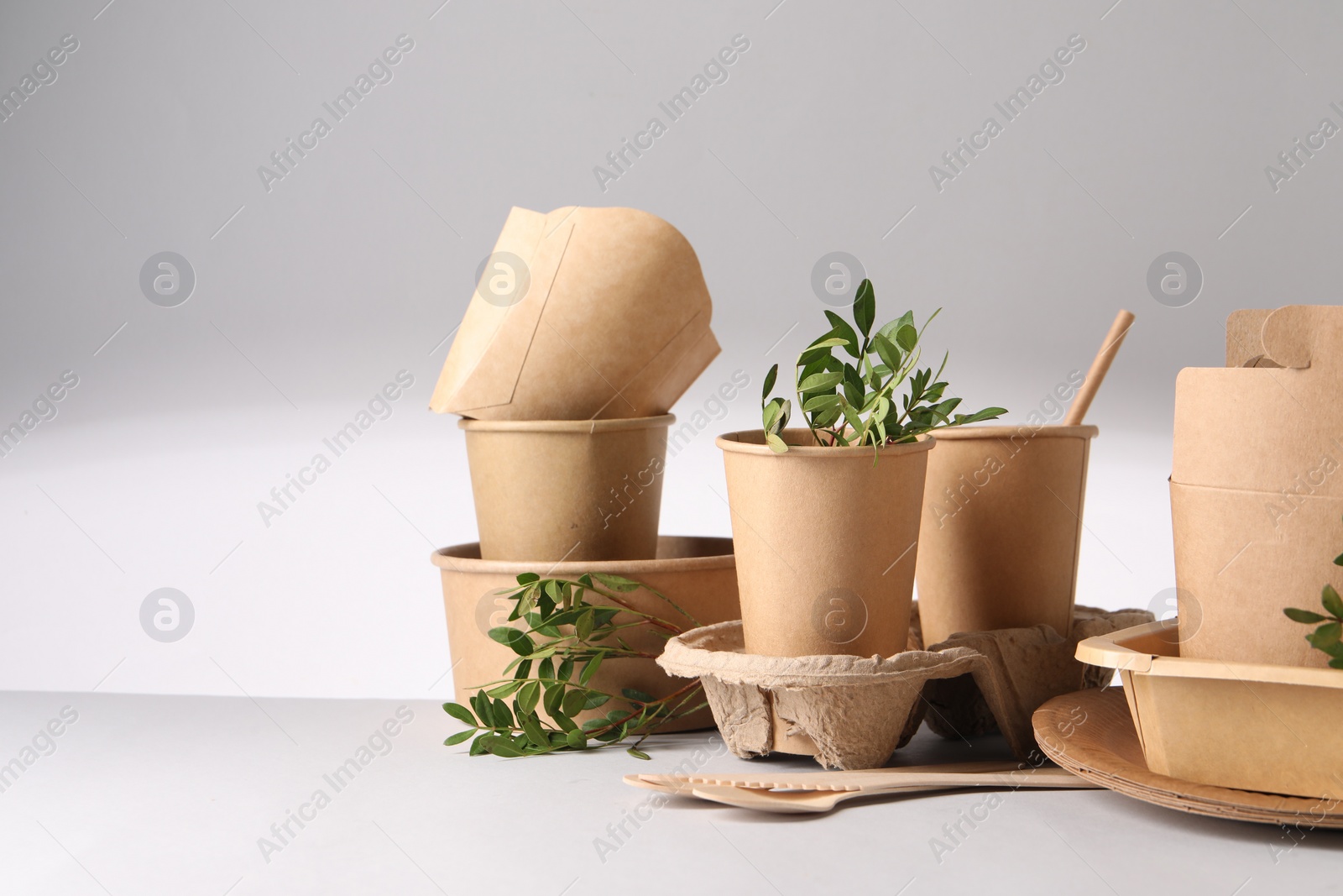 Photo of Eco friendly food packaging. Paper containers, tableware and green twigs on light background. Space for text