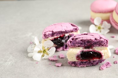 Halves of delicious violet macaron and flowers on light grey table, closeup. Space for text