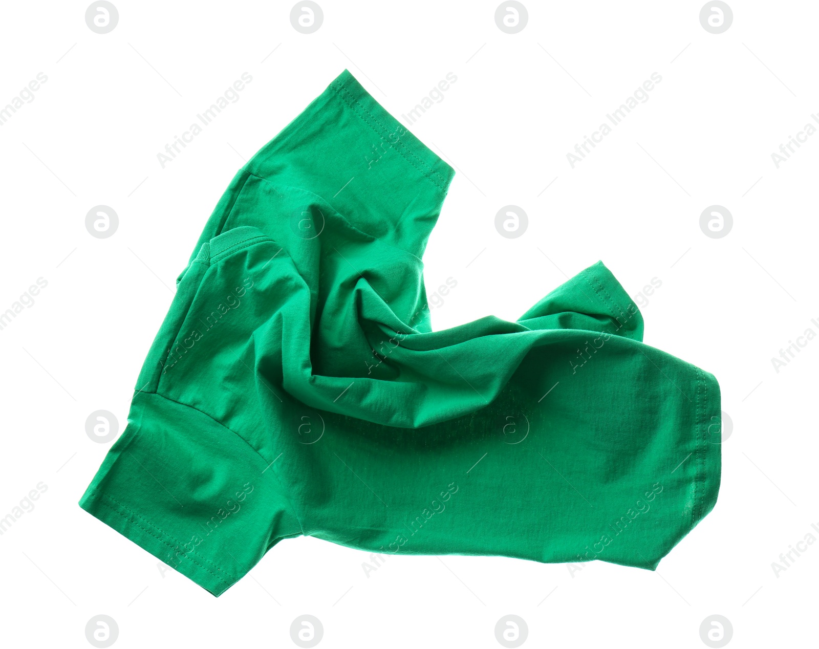 Photo of Rumpled green t-shirt isolated on white. Messy clothes