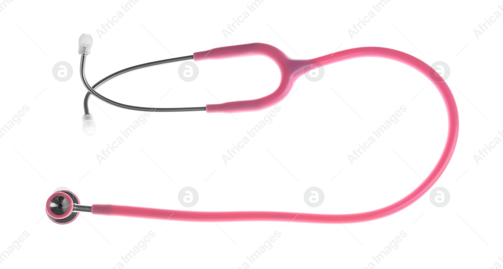 Photo of Stethoscope on white background, top view. Medical device