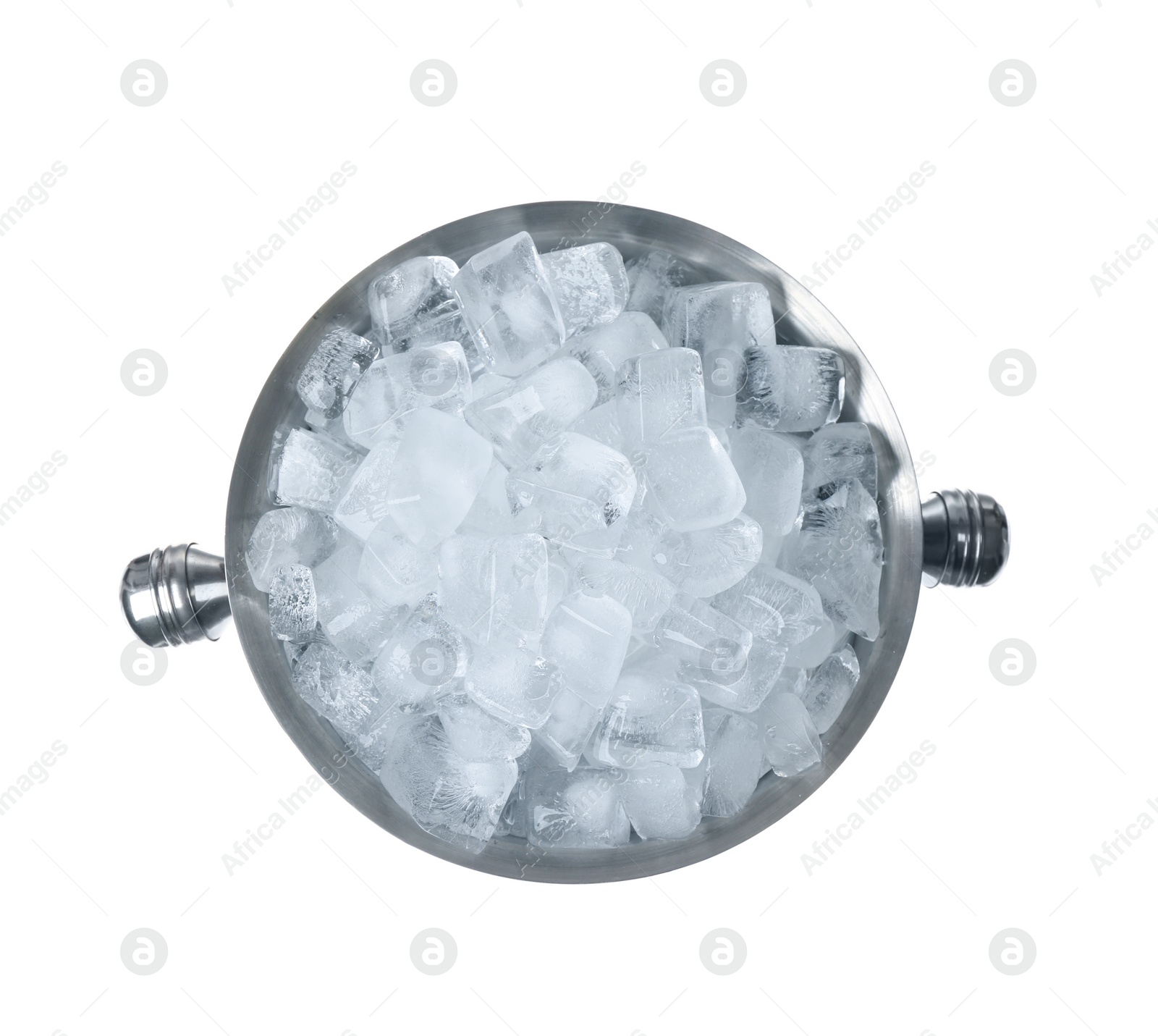 Photo of Ice cubes in bucket isolated on white, top view