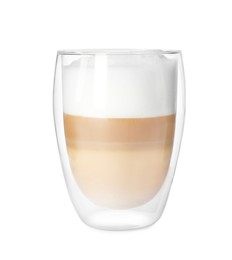 Photo of Glass of delicious latte macchiato on white background