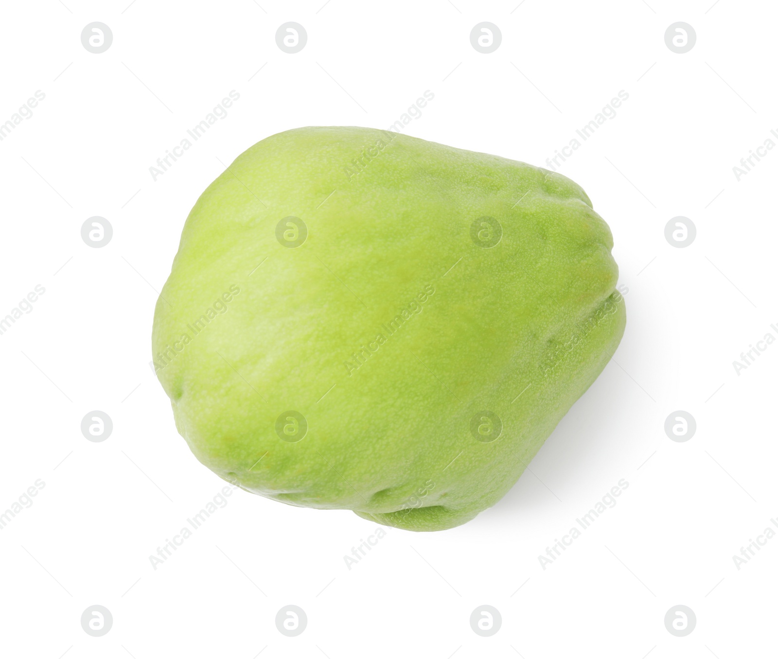 Photo of One fresh green chayote isolated on white, top view