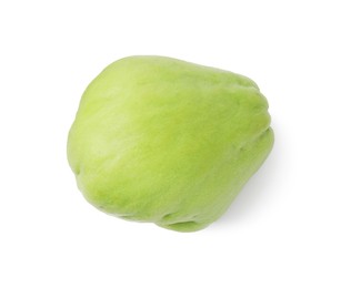 Photo of One fresh green chayote isolated on white, top view