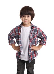 Photo of Portrait of cute little boy on white background