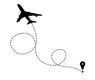 Illustration of Flight direction illustration. Plane silhouette and pin connected by dashed line on white background