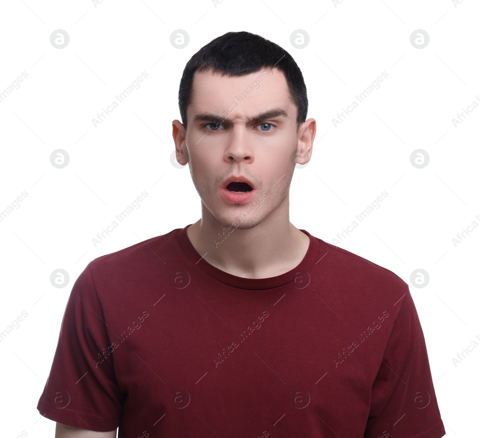 Photo of Portrait of surprised man on white background