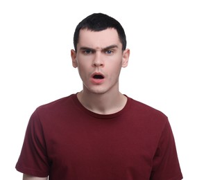 Portrait of surprised man on white background