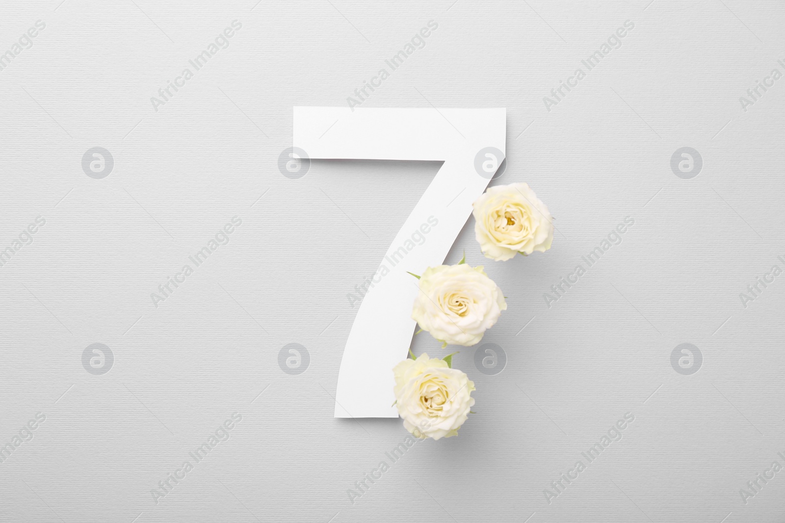 Photo of Paper number 7 and beautiful rose flowers on light grey background, top view
