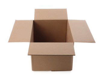 Photo of One open cardboard box on white background