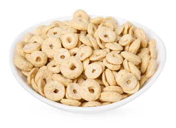 Photo of Tasty cereal rings in bowl isolated on white