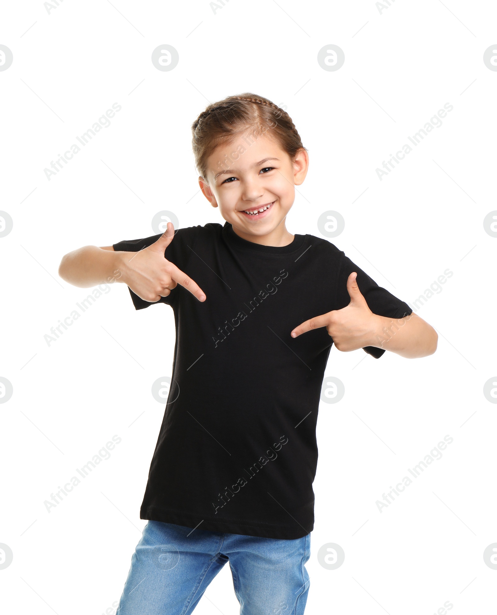 Photo of Little girl in t-shirt on white background. Mockup for design