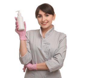 Photo of Cosmetologist with cosmetic product on white background