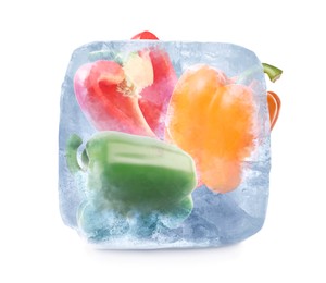 Image of Frozen food. Raw bell peppers in ice cube isolated on white