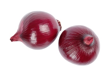 Fresh whole red onions on white background, top view