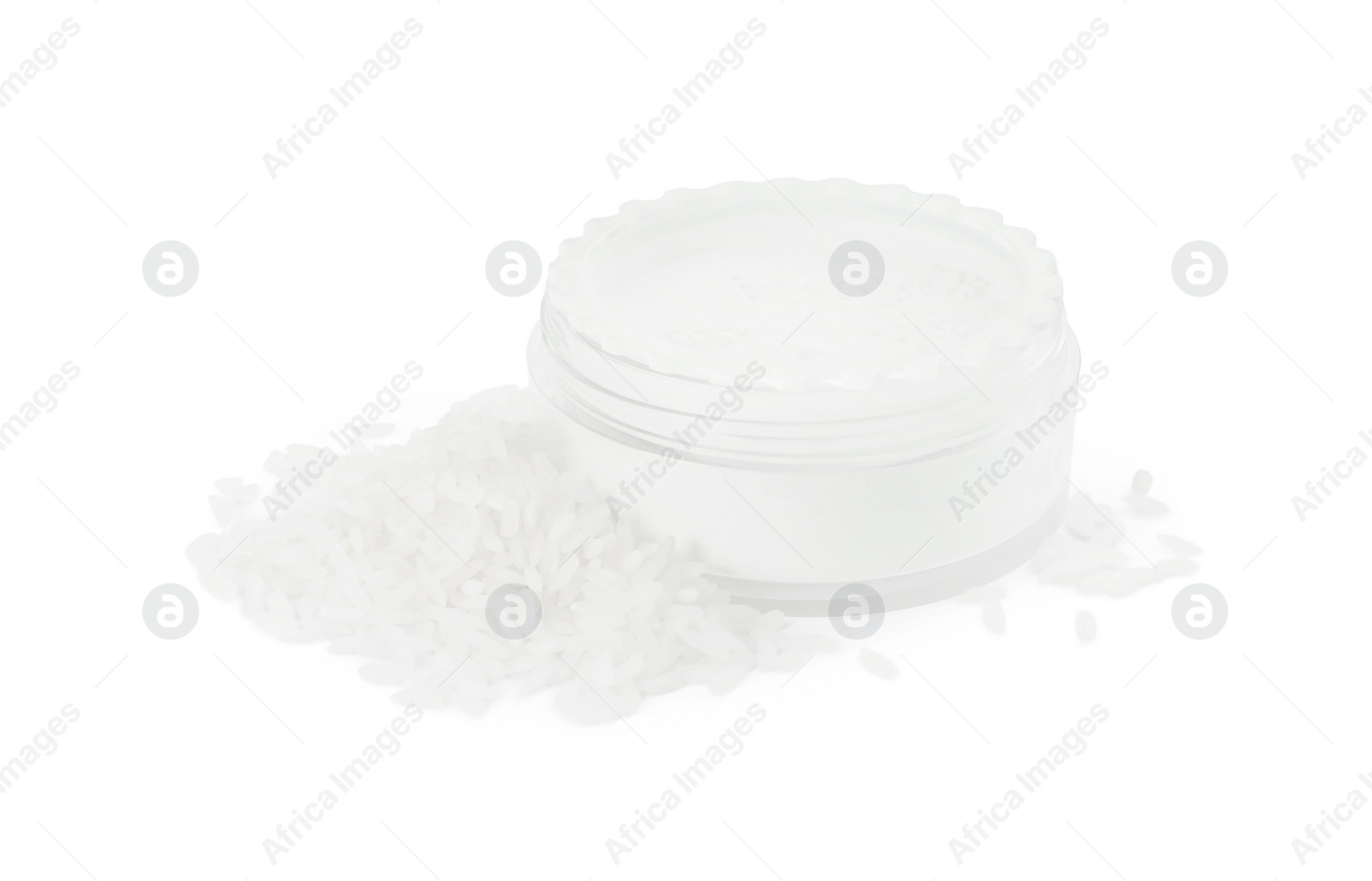 Photo of Loose face powder and rice isolated on white. Makeup product