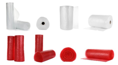 Image of Set with different bubble wrap rolls on white background. Banner design