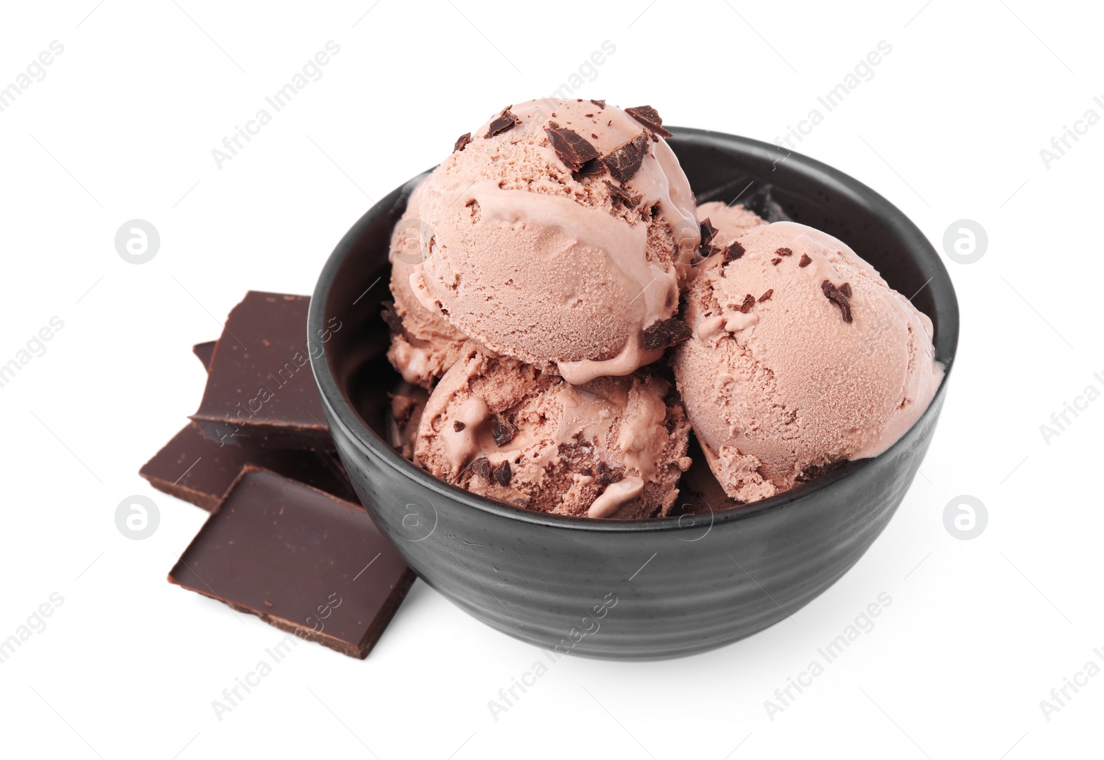 Photo of Bowl with tasty chocolate ice cream isolated on white