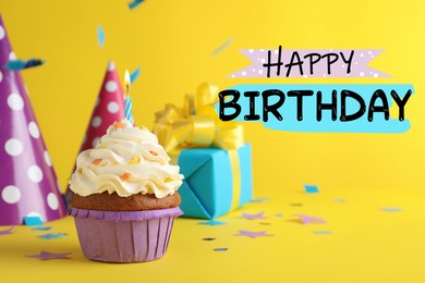 Image of Happy Birthday! Delicious cupcake with burning candle on yellow background