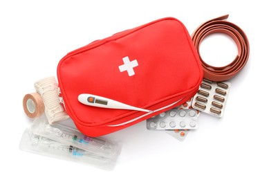 Photo of First aid kit on white background, top view. Health care