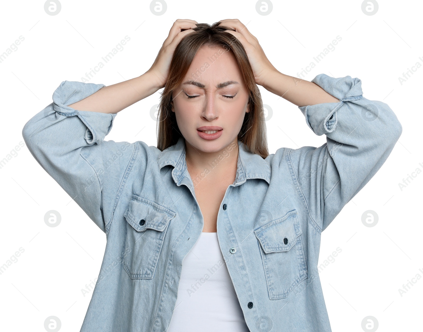 Photo of Young woman suffering from headache on white background