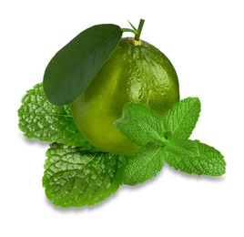 Image of Fresh ripe lime and green mint leaves isolated on white