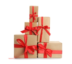 Stack of Christmas gift boxes on white background