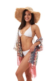 Photo of Pretty sexy woman with slim body in stylish bikini on white background
