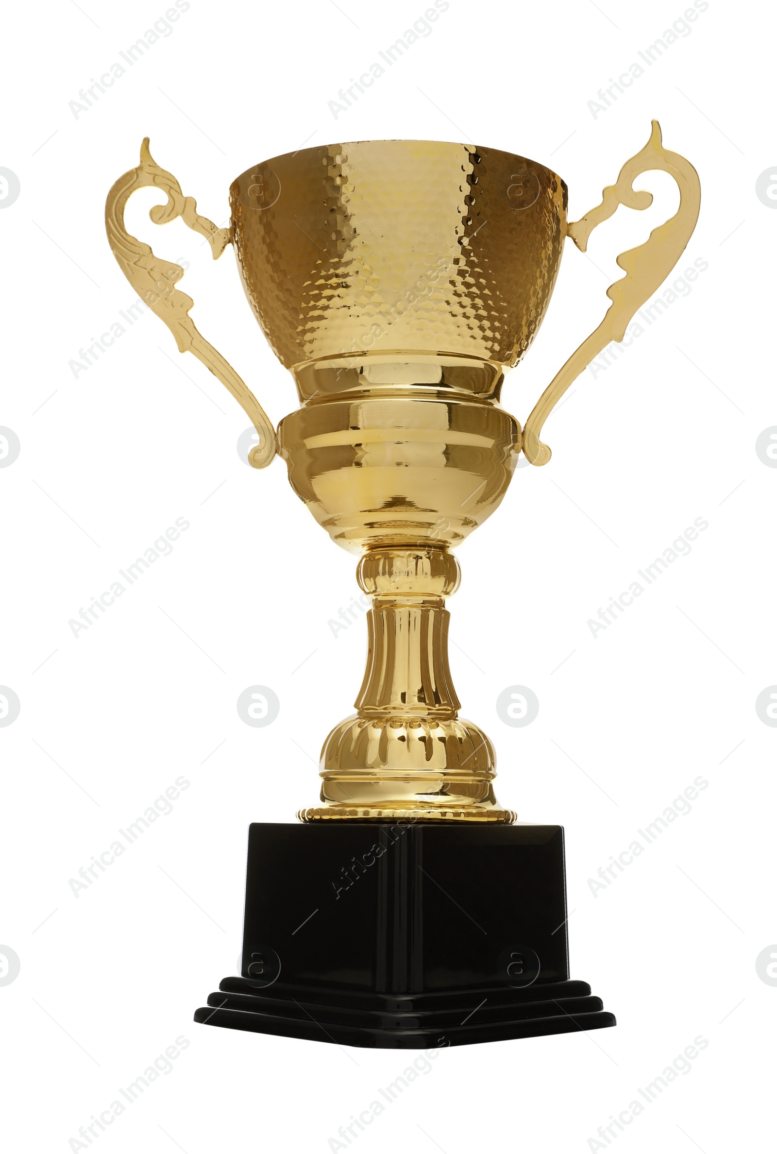 Photo of Golden trophy cup on white background. Victory concept