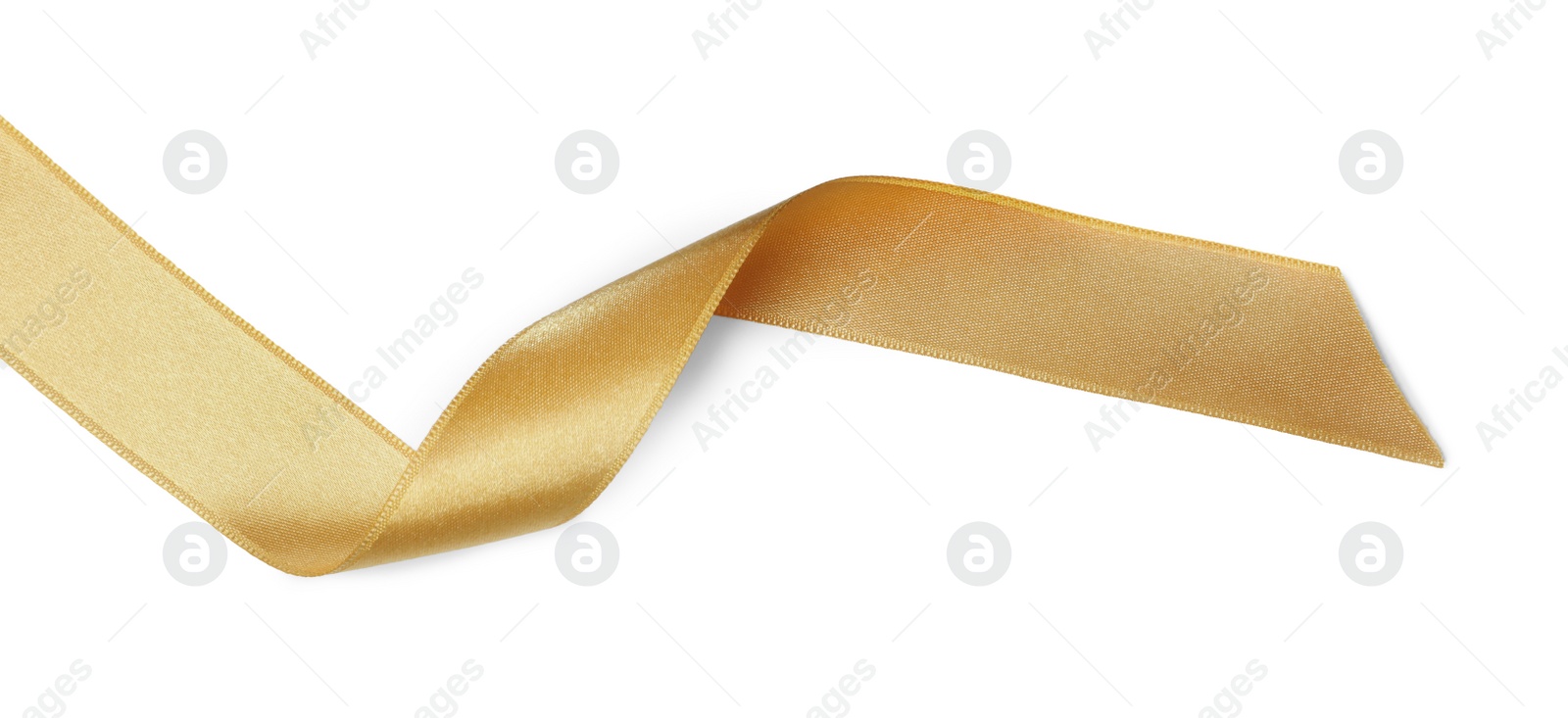 Photo of Beautiful golden ribbon isolated on white, top view