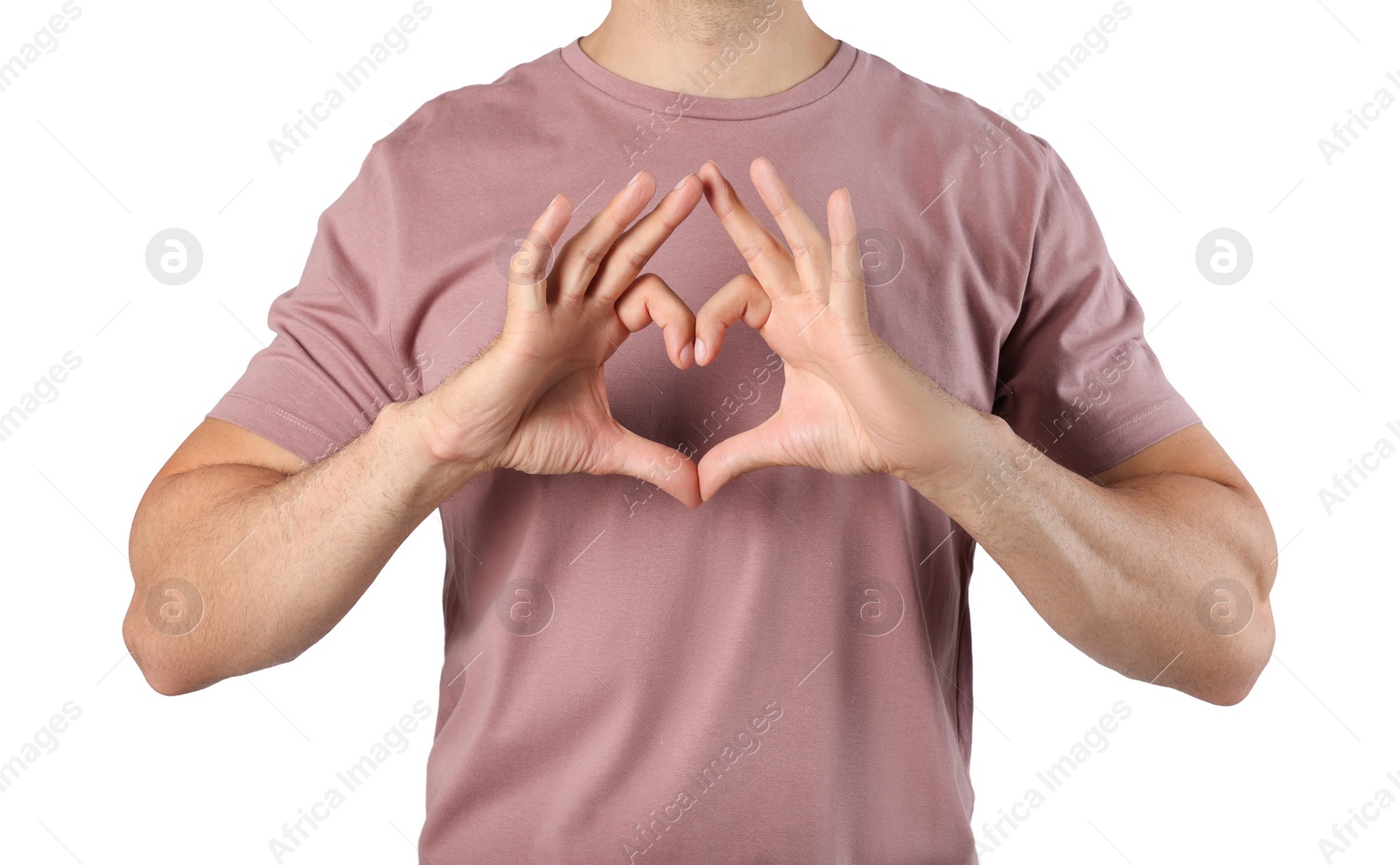 Photo of Man making heart with hands on white background, closeup