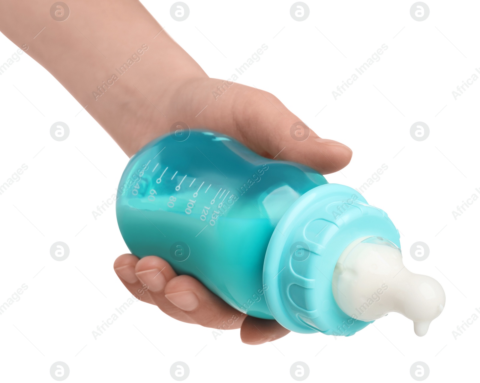 Photo of Woman holding feeding bottle with infant formula on white background, closeup