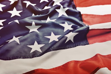 Image of American flag as background, closeup view. National symbol of USA